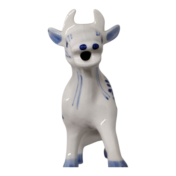 Whimsical Delft Blue and White Ceramic Cow Pitcher - Picture 12 of 15